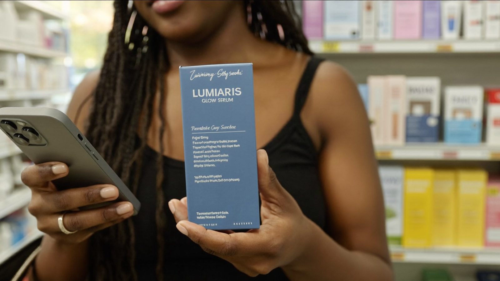 Woman comparing skincare box to phone while checking banned cosmetic ingredients