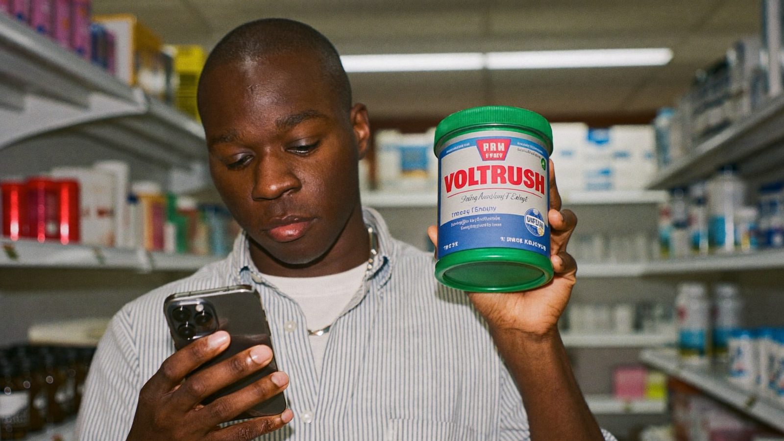 Man checking banned supplement ingredients on his phone in a pharmacy aisle