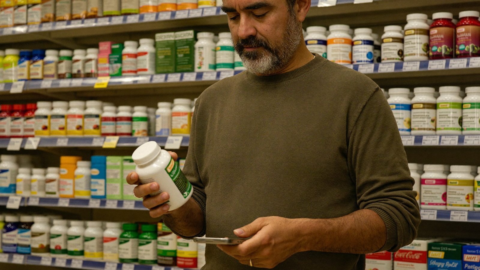 Man checking a supplement bottle with a scanner app in a pharmacy aisle