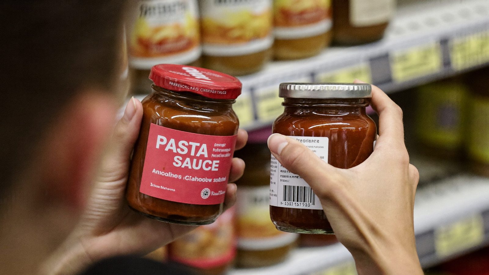 Shopper comparing added sugar on two pasta sauce nutrition labels