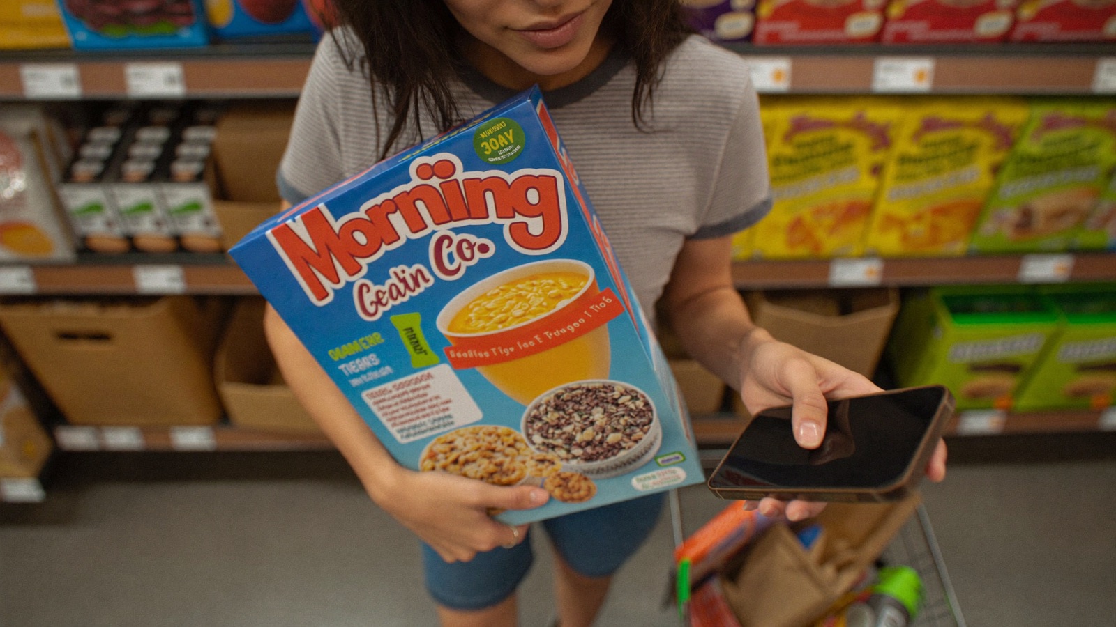 Woman comparing cereal label with the most accurate food scanner app